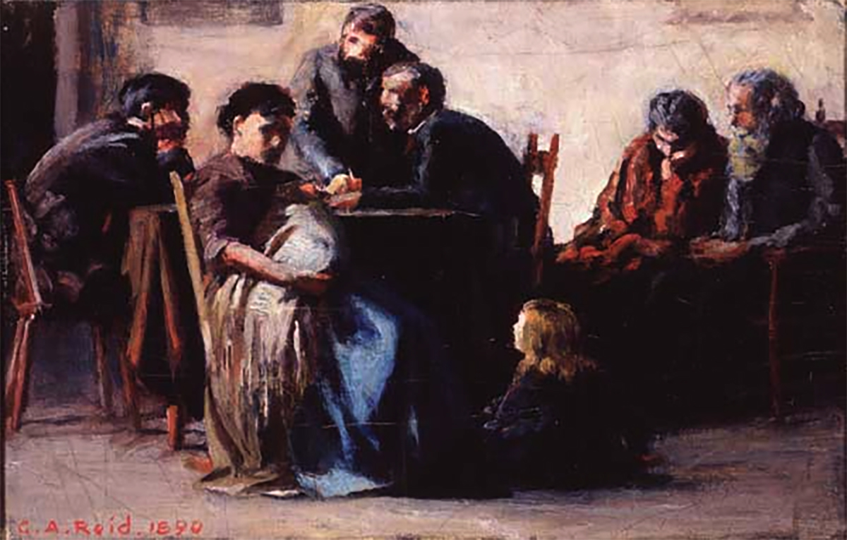 A small oil on canvas painting called "Mortgaging the Homestead" by artist George Agnew Reid shows a mother holding an infant while seated at a wooden table, another older child sits on the floor at her feet, while three older men sit at the table behind her and an older couple sit on chairs nearby.