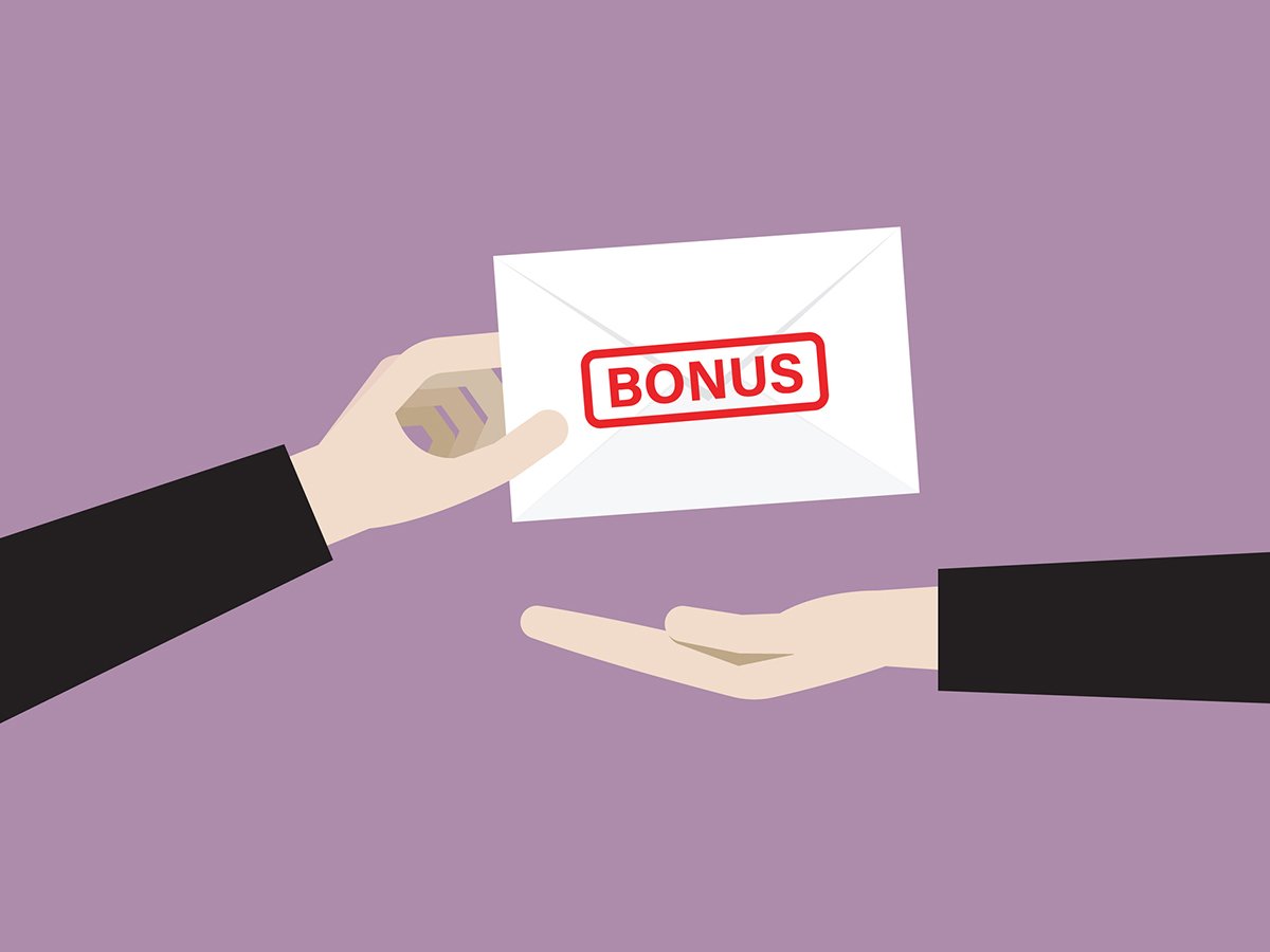 A graphic image showing an envelope labelled, "Bonus," being handed from one hand to another.
