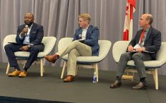 The trade and politics panel at Seeds Canada’s annual conference included Karis Gutter, left, of Corteva Agriscience, Tyler McCann of the Canadian Agri-Food Policy Institute and Michael Harvey, of the Canadian Agri-Food Trade Alliance. 