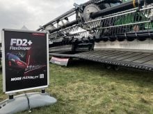 MacDon's new FD2 FlexDraper on display on the show grounds at Ag in Motion on July 15, 2025.