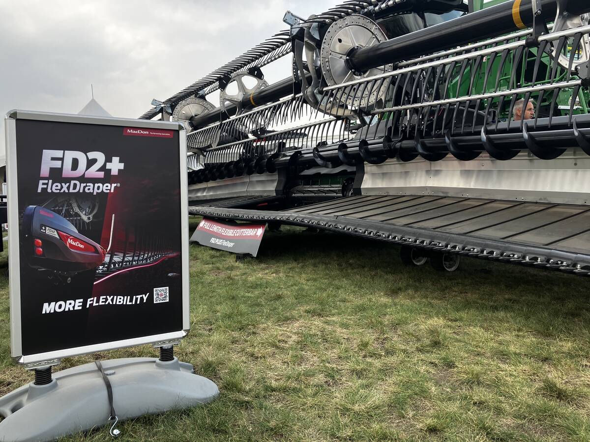 MacDon's new FD2 FlexDraper on display on the show grounds at Ag in Motion on July 15, 2025.