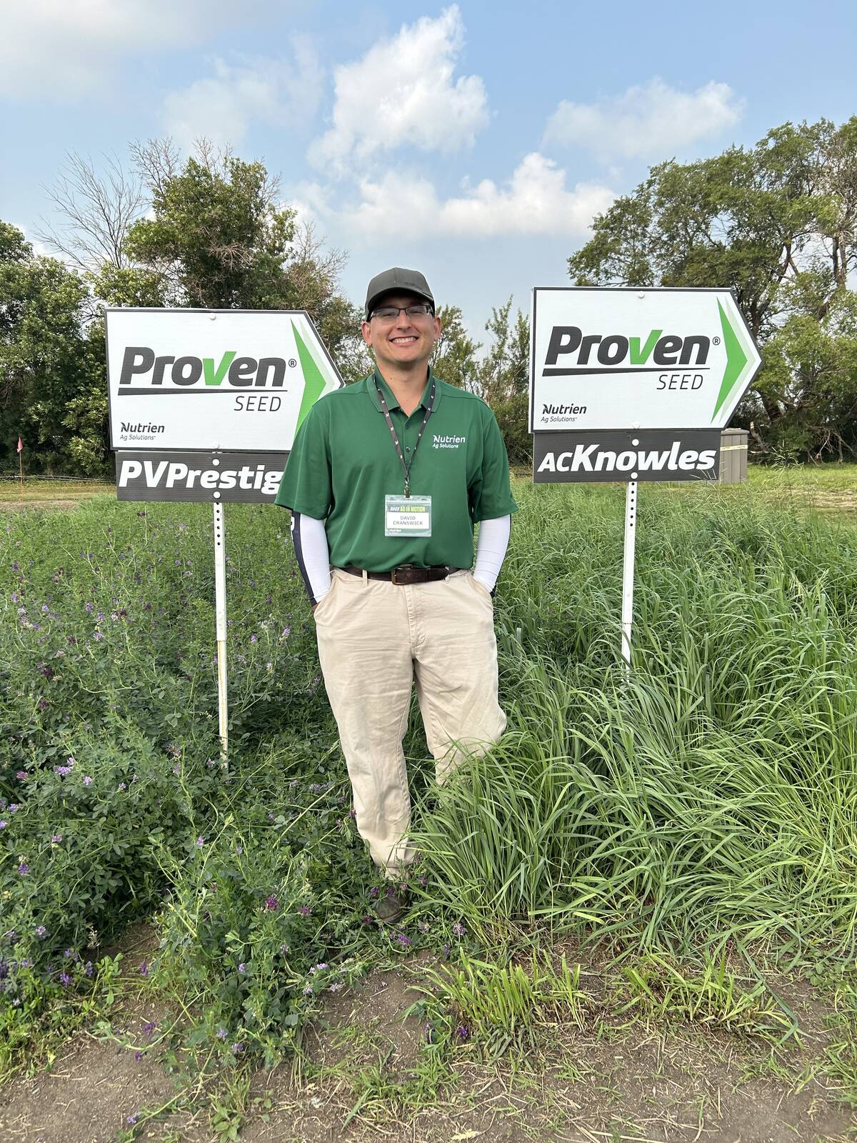 David Cranswick of Proven Seed poses at the Proven forage test plots at Ag in Motion 2025 near Langham, Sask.