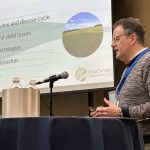 Dr. Stephen Strelkov speaks at the CropConnect conference in Winnipeg on February 12, 2025.
