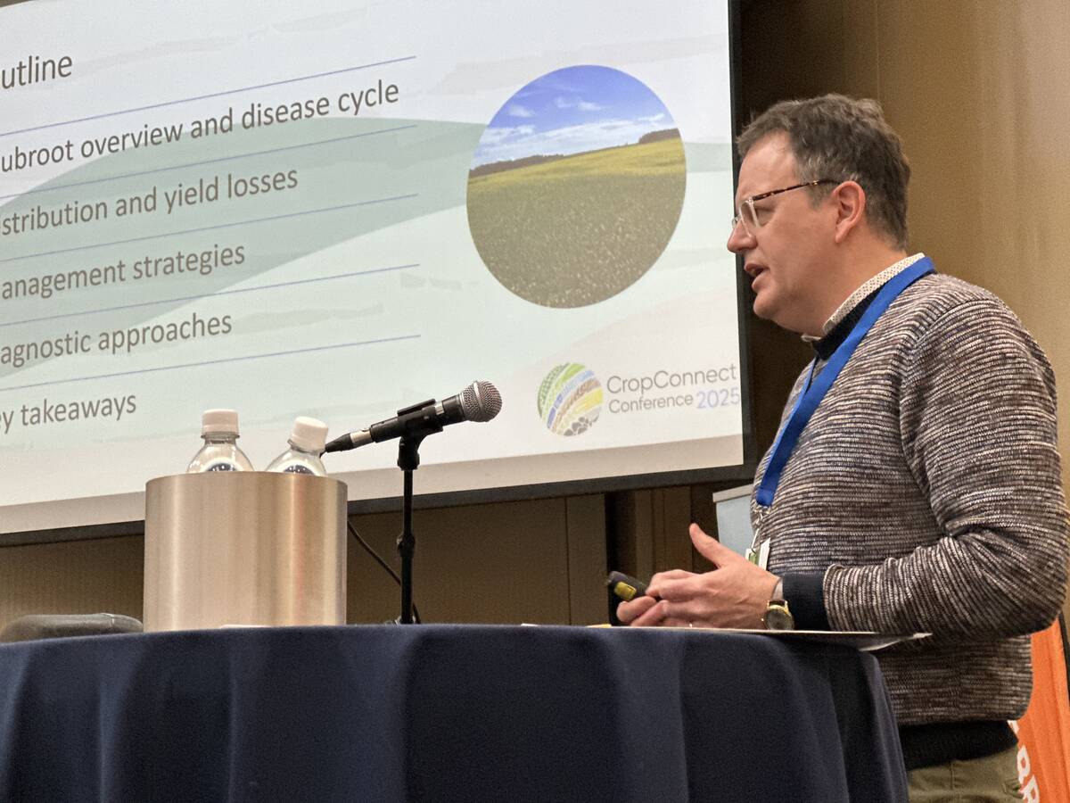 Dr. Stephen Strelkov speaks at the CropConnect conference in Winnipeg on February 12, 2025.