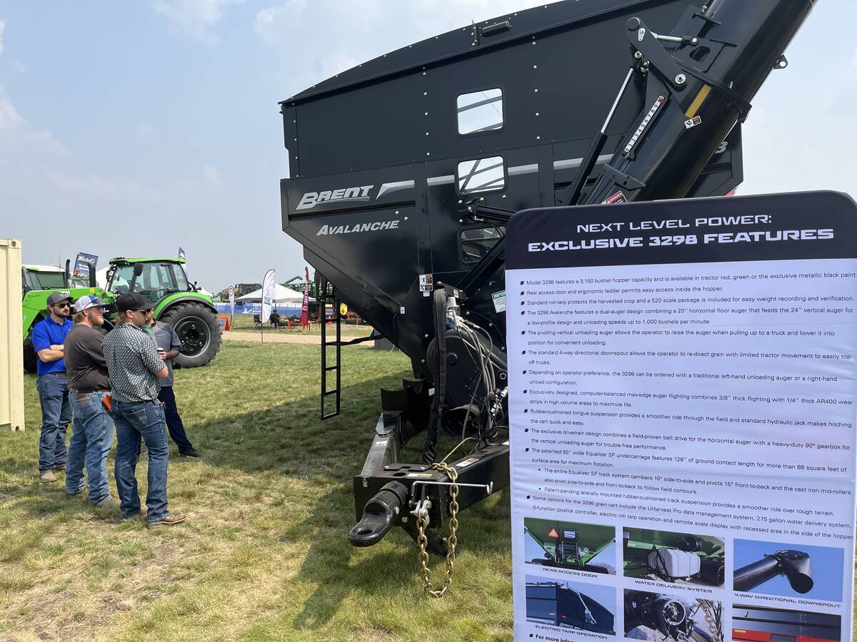 The new Brent 3298 Avalanche dual-auger grain cart at the Unverferth booth at Ag in Motion 2025.
