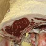 A close-up of the marbled meat on a side of beef.