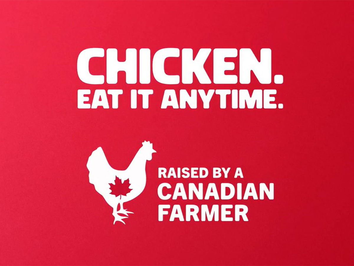 A promotional banner fom the Chicken Farmers of Canada that reads, "Chicken. Eat it anytime."