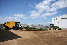 PAMI's combine calibration machine displayed at Prairie Agricultural Machinery Institute in Humboldt at their 50th anniversary open house July 2025.