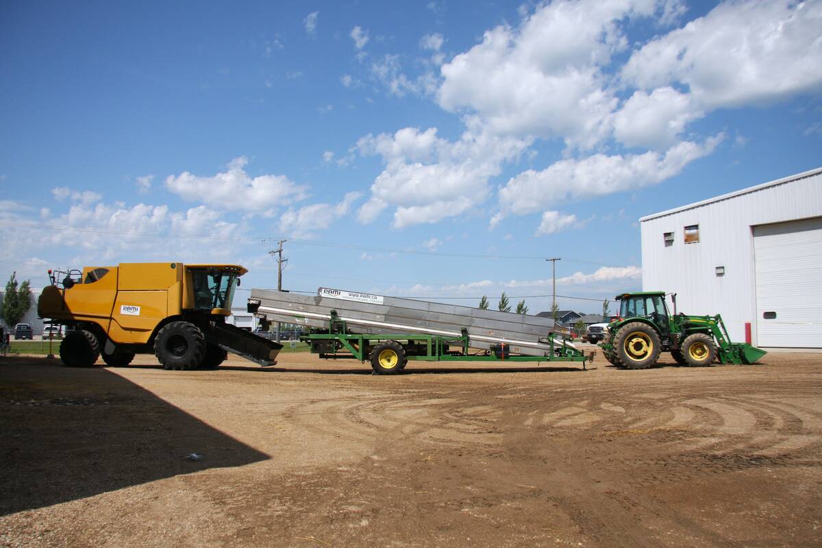PAMI's combine calibration machine displayed at Prairie Agricultural Machinery Institute in Humboldt at their 50th anniversary open house July 2025.