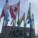 Looking up at at a number of flags on poles, with the Canadian flag in th centre.