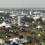 A view of the Ag in Motion show grounds looking southwest from high atop the AGI grain bins in the northeast corner of the show grounds.