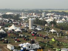 A view of the Ag in Motion show grounds looking southwest from high atop the AGI grain bins in the northeast corner of the show grounds.
