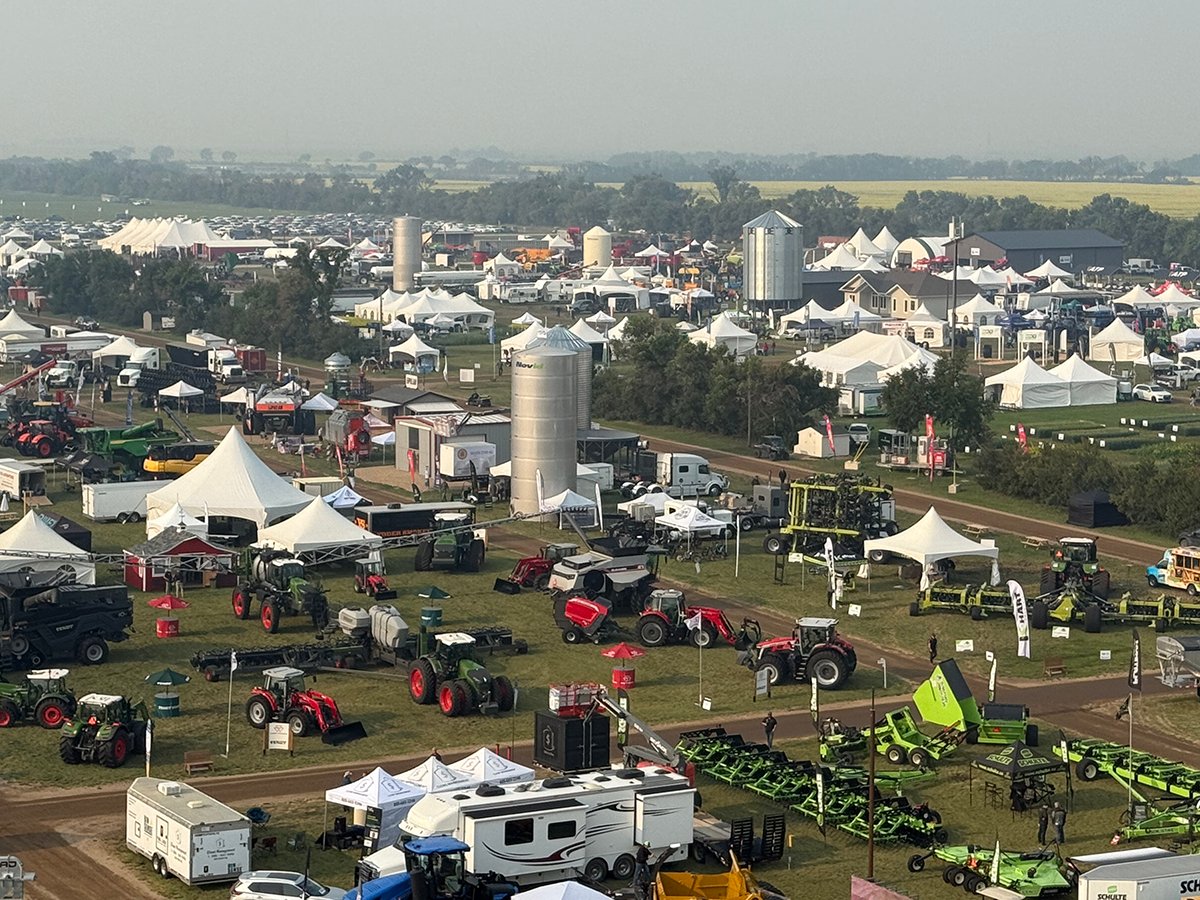 A view of the Ag in Motion show grounds looking southwest from high atop the AGI grain bins in the northeast corner of the show grounds.