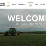 A screencap of the Quattro Ventures homepage showing s high clearance sprayer at work in a field with the words, "Welcome to Quattro Ventures" written overtop.