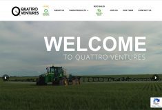 A screencap of the Quattro Ventures homepage showing s high clearance sprayer at work in a field with the words, "Welcome to Quattro Ventures" written overtop.