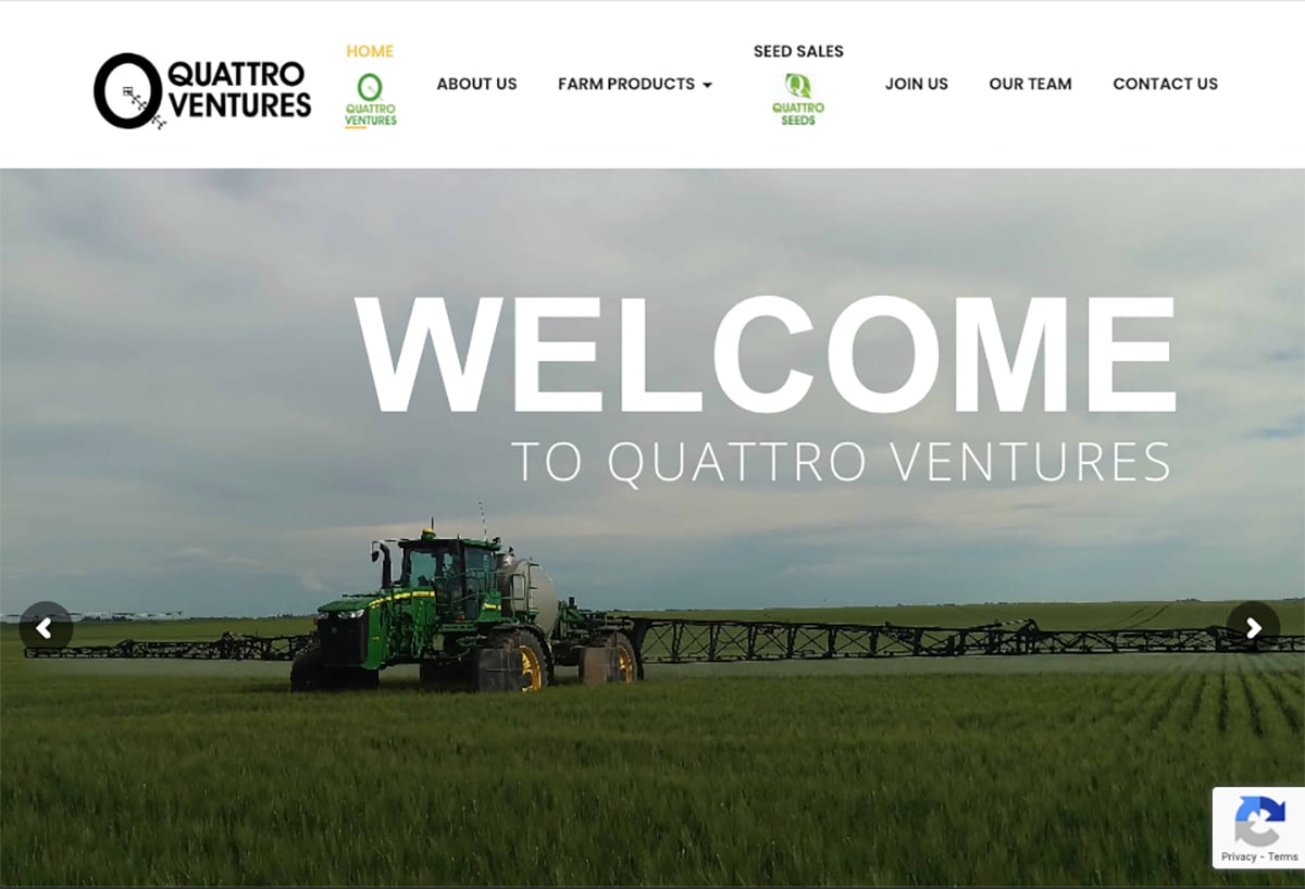 A screencap of the Quattro Ventures homepage showing s high clearance sprayer at work in a field with the words, "Welcome to Quattro Ventures" written overtop.