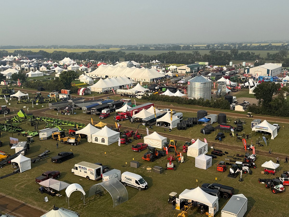 Looking southwest at Ag in Motion from atop the AGI bins in the northeast corner of the show grounds.