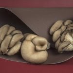 Three bunches of different types of mushrooms sit on a piece of brown leather.