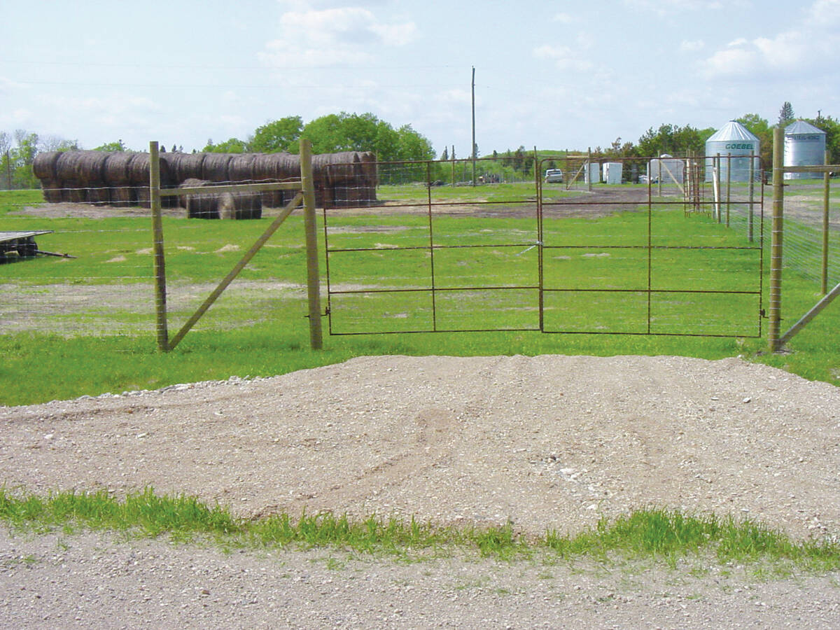 A metal gate with two halves covered in page wire opens into a page-wire surrounded yard where round bales are stacked.