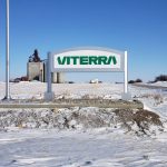 Viterra sign at an inland terminal in Raymore, Saskatchewan, in winter.