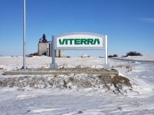 Viterra sign at an inland terminal in Raymore, Saskatchewan, in winter.