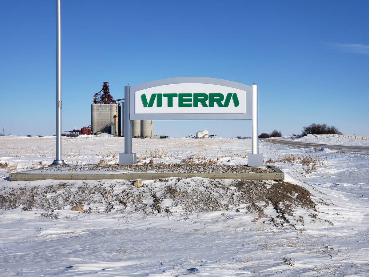 Viterra sign at an inland terminal in Raymore, Saskatchewan, in winter.
