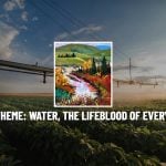 A screencap from the Alberta Open Farm Days website showing an irrigation pivot spraying water on a crop near sunset, and the caption,"2025 theme: Water, the lifeblood of every farm." There is an image of a oil painting in the middle of the page depicting a stream flowing through a valley with trees changing colour and green hills in the background.
