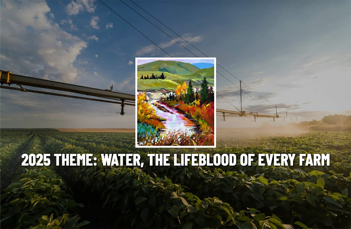 A screencap from the Alberta Open Farm Days website showing an irrigation pivot spraying water on a crop near sunset, and the caption,