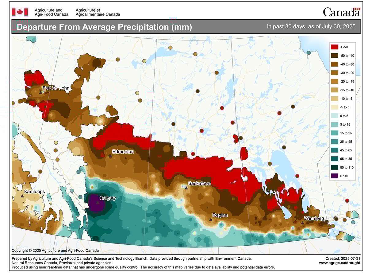 A map showing the departure from average precipitation for the Prairies for the 30-day period ending July 30, 2025.