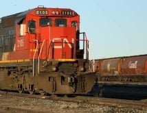 A CN engine sits on the tracks in a rail yard with grain cars visible in the background.