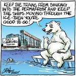 A cartoon drawing of a polar bear siting on a floating piece of ice pointing at a sign that reads, "Port of Churchill Manitoba," saying, "Keep the trains from sinking into the permafrost and keep the ships moving through the ice - then you're good to go!"