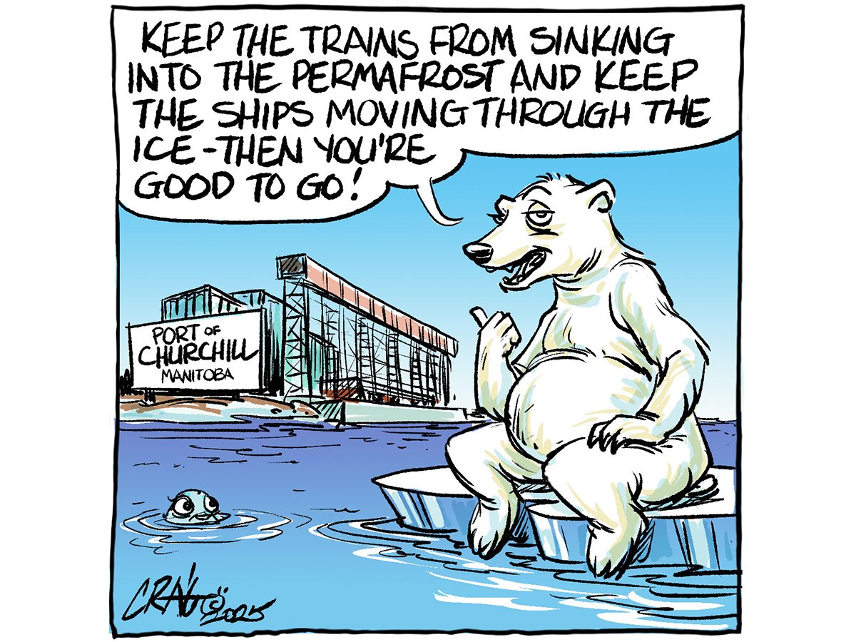 A cartoon drawing of a polar bear siting on a floating piece of ice pointing at a sign that reads,