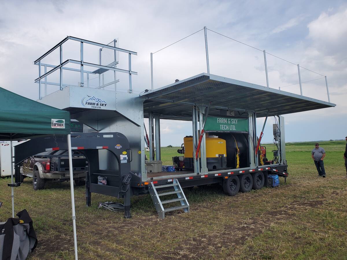 The Farm and Sky Tech Ltd. drone tender system sits on display at the Ag in Motion farm show near Langham, Sask., in July, 2025.