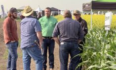 Spencer Harris (green shirt) speaks with attendees at the Nutrien Ag Solutions crop plots at Ag in Motion on July 16, 2025.