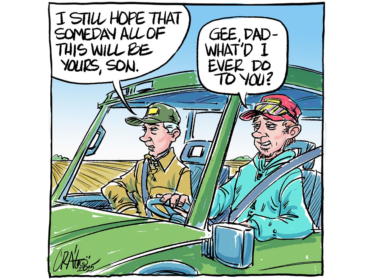 A cartoon shows a man and his son driving in a vehicle. Dad says,