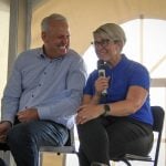 MNP farm transition specialist Trevor Mclean laughs with Cindy Simmons, a financial planner with RBC Dominion Securities during a presentation on farm succession planning at Ag in Motion on July 16, 2025.