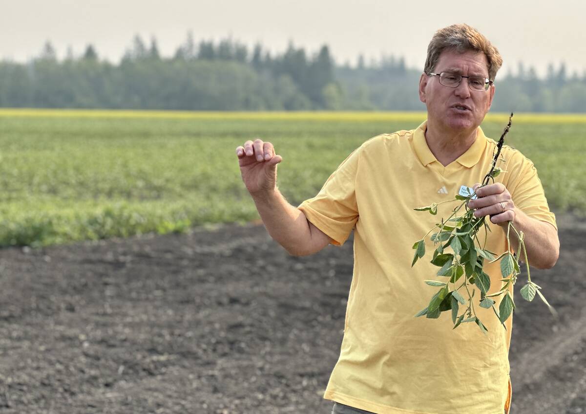 A man in a yellow golf shirt holds a soybean plant upside down, highlighting its root, while speaking to farmers during a farm tour.