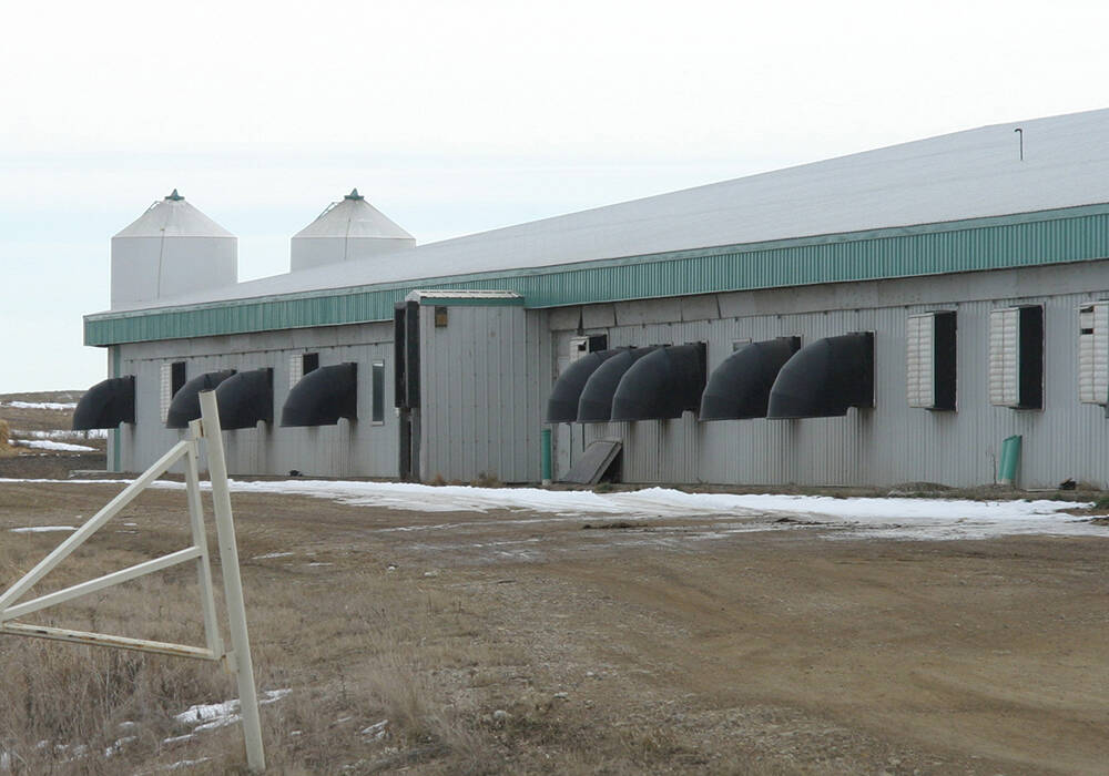 The exterior of a hog barn in Manitoba.
