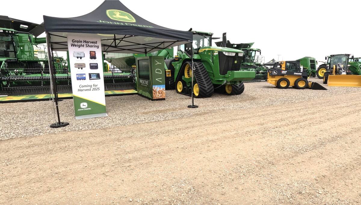 John Deere's machinery display at the Ag in Motion farm show near Langham, Saskatchewan, July 2025.