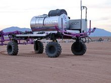 The DOT autonomous agricultural robot, seen here fitted with a sprayer attachment.