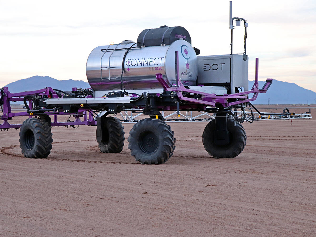 The DOT autonomous agricultural robot, seen here fitted with a sprayer attachment.