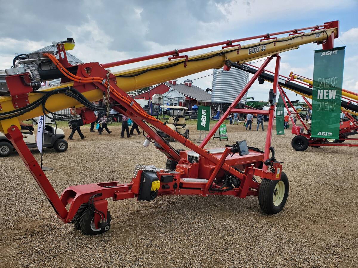 An AGI smart auger on display at the Ag in Motion farm Show near Langham, Saskatchewan, in July, 2025.