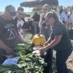 A man and a woman stand over a table loaded with fresh produce, including corn and a pumpkin.