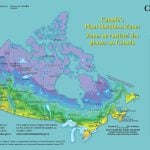 A colour-coded map of Canada showing the various plant hardiness zones.