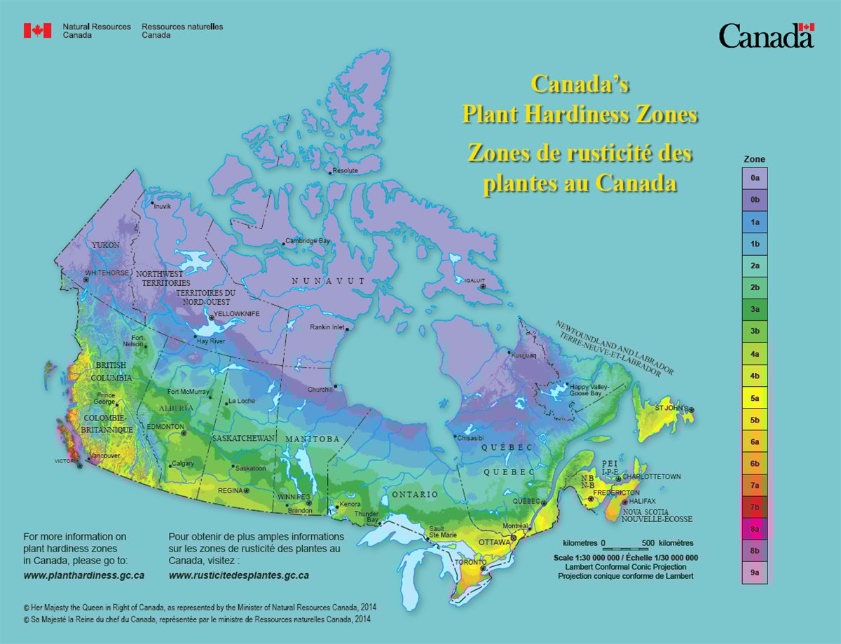 A colour-coded map of Canada showing the various plant hardiness zones.