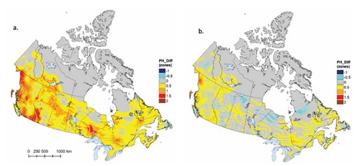 Two maps of Canada with the one on the left showing plant hardiness zones from 1961 to 1990, and the one on the right showing plant hardiness zones from 1991 to 2020.