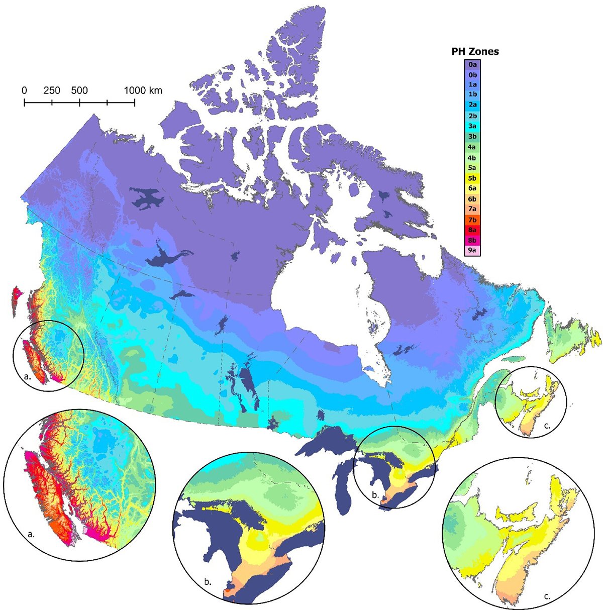 A map of Canada showing how specific areas have warmed over time.