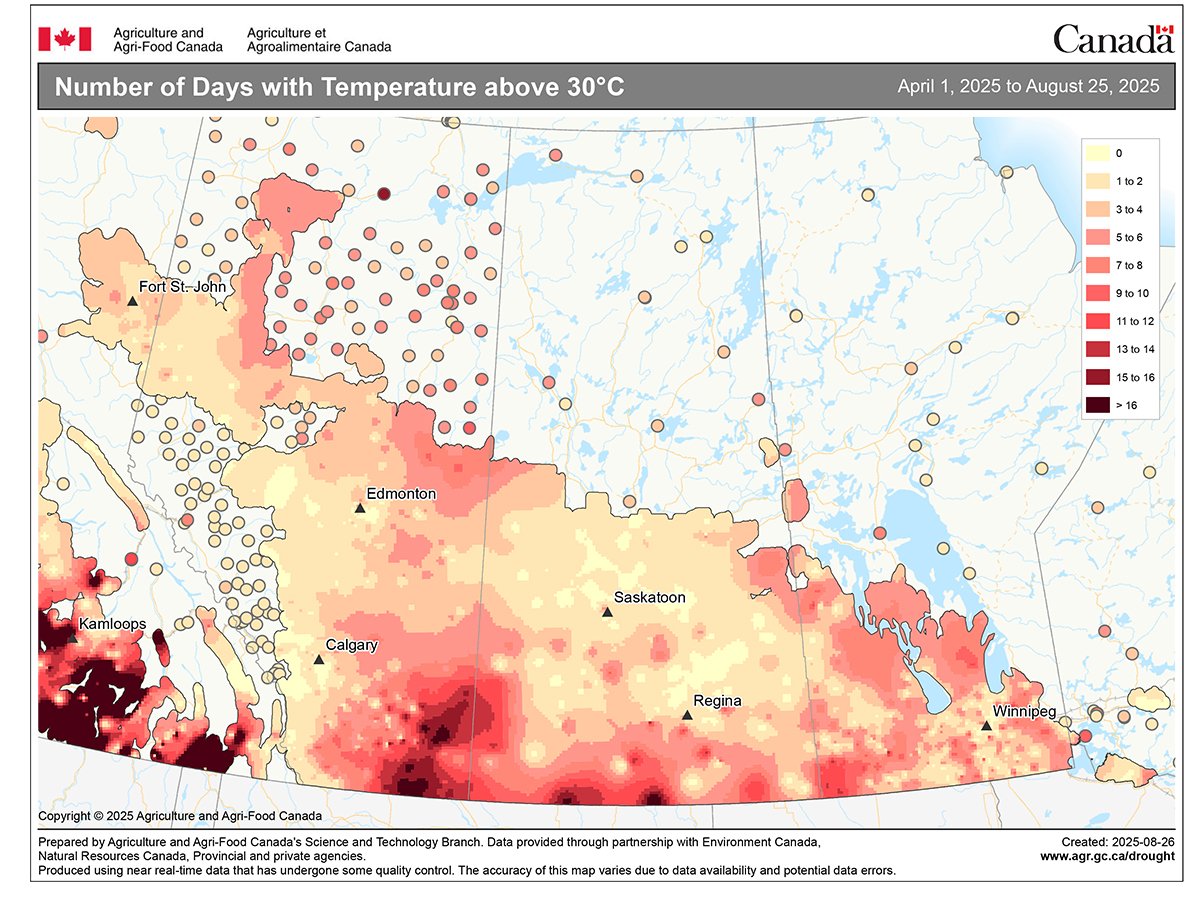 An Agriculture a nd Agri-Food Canada map of the Prairies entitled, "Number of Days with Temperatures above 30 C."