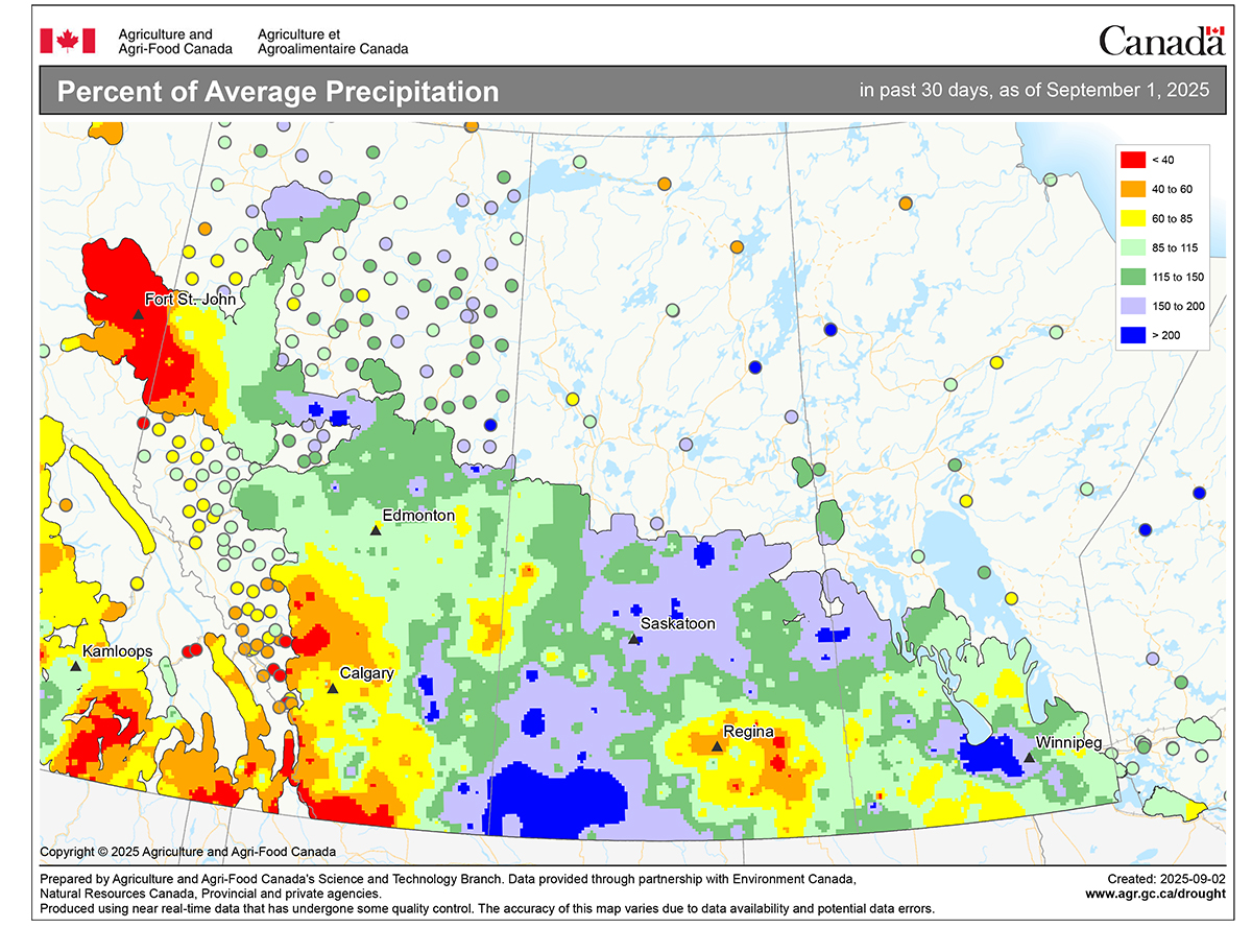 An Environment Canada map of the Prairies showing the percentage of average precipitation for the last 30 days.