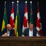 Premier Scott Moe and Minister Warren Kaeding at Saskatoon Cabinet Office press briefing ahead of Asia trade missions.